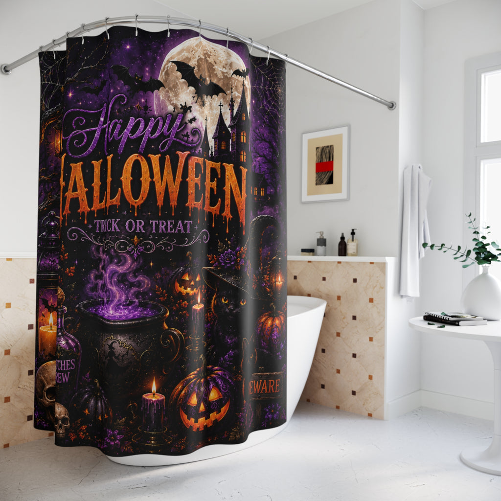 Happy Halloween Trick or Treat Shower Curtain | Dark Gothic Halloween Bathroom Decor