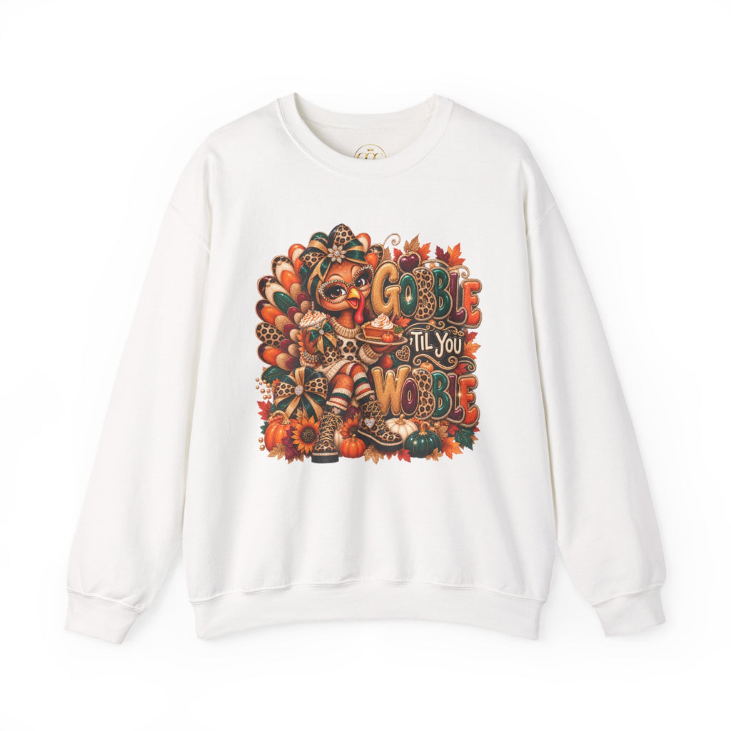 Thanksgiving Crewneck Sweatshirt – Cute Turkey "Gobble Til You Wobble" Fall Pullover