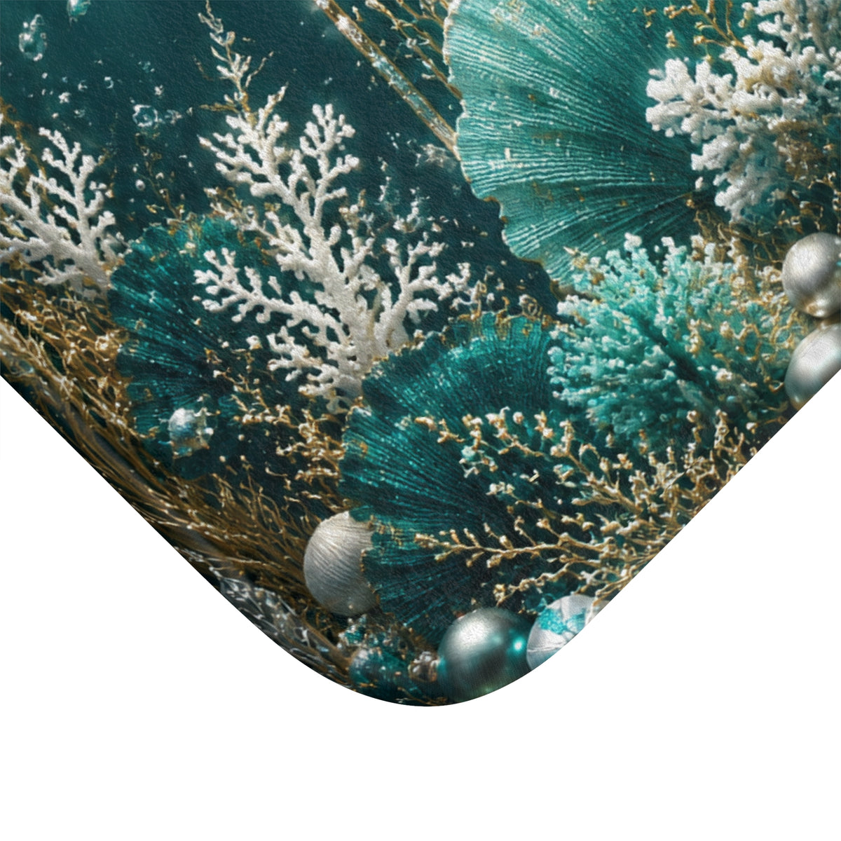 Teal Seashell Bath Mat — Underwater Coral Ocean Floor Bathroom Rug