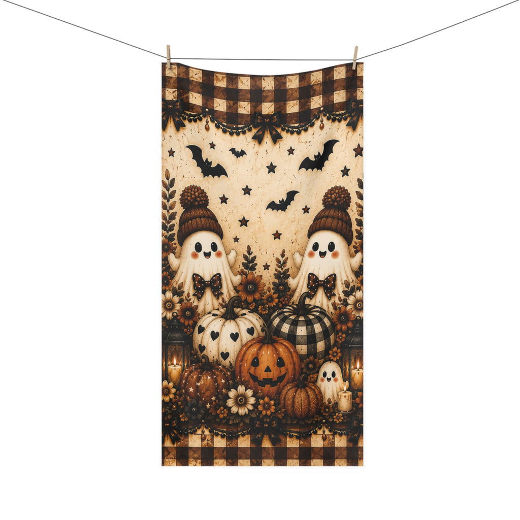 Hey There Boo Bath Towel | Rustic Plaid Halloween Bathroom Decor