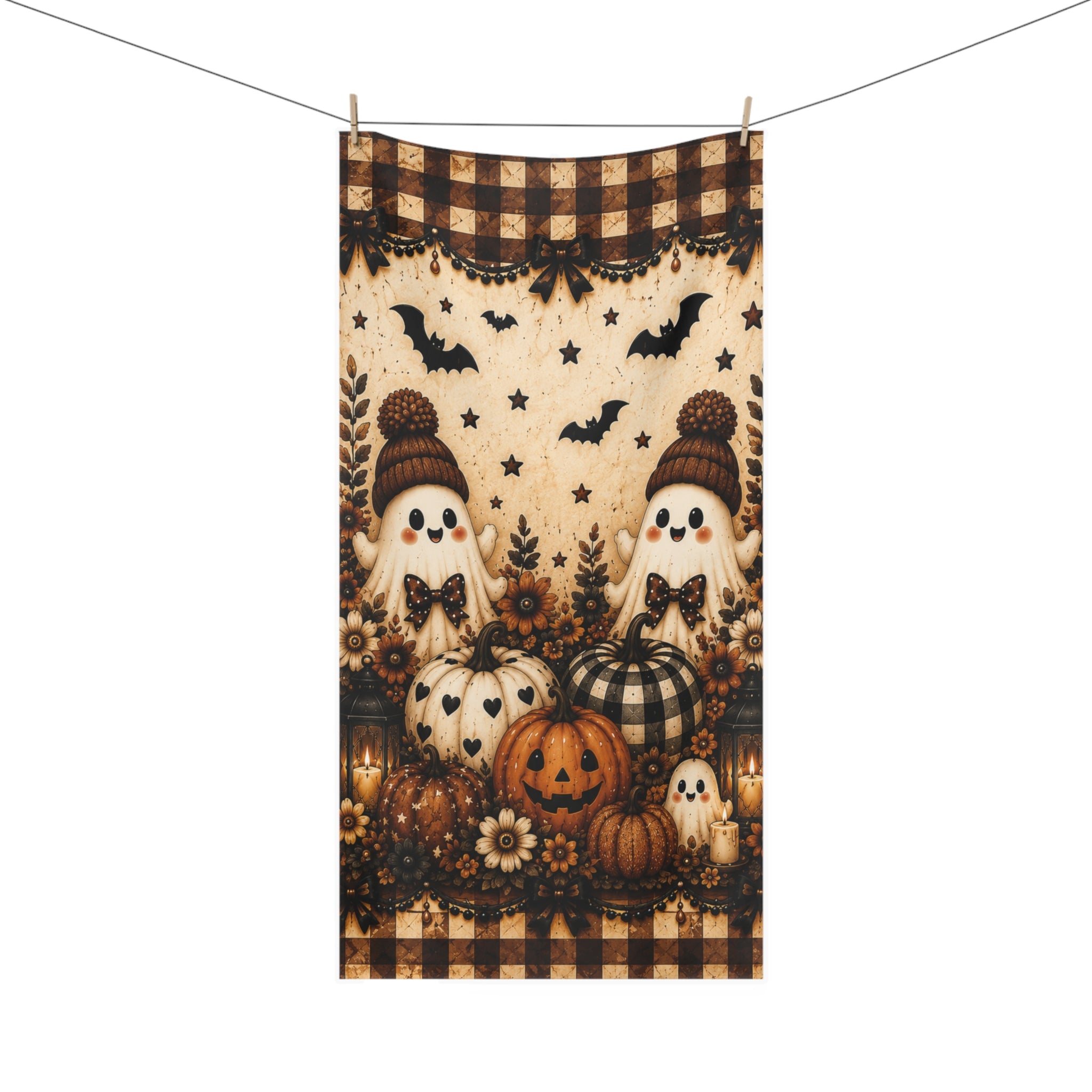 Hey There Boo Bath Towel | Rustic Plaid Halloween Bathroom Decor