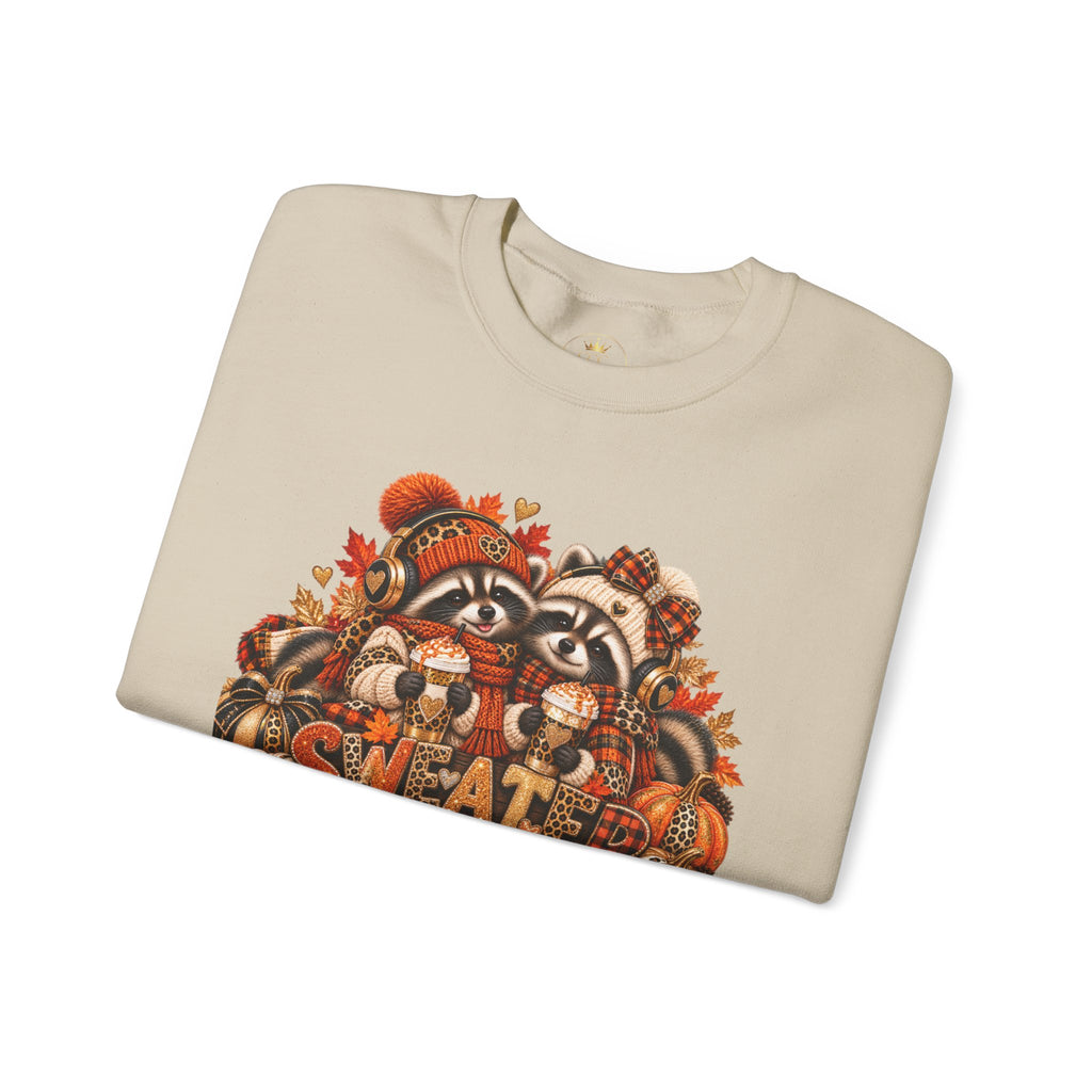 Sweater Weather Crewneck Sweatshirt — Autumn Raccoon Pumpkin Fall Graphic