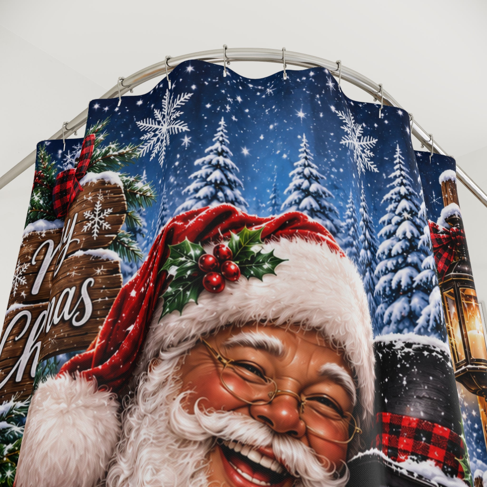 Merry Christmas Santa & Snowman Shower Curtain | Holiday Bathroom Decor