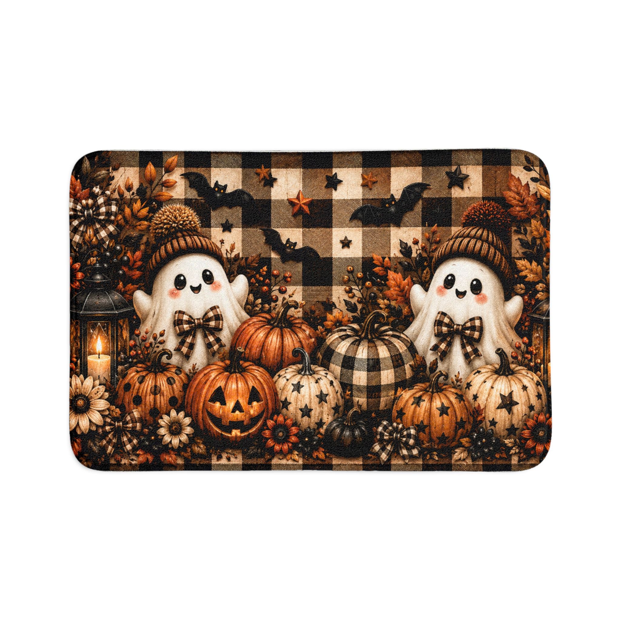 Hey There Boo Toilet Lid Cover & Bath Mat Set | Rustic Plaid Halloween Bathroom Decor