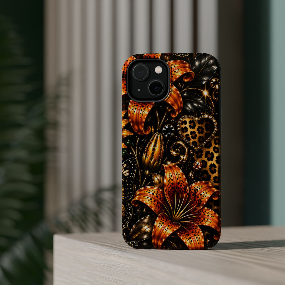 Floral Leopard Phone Case — Orange Lily Magnetic Impact-Resistant