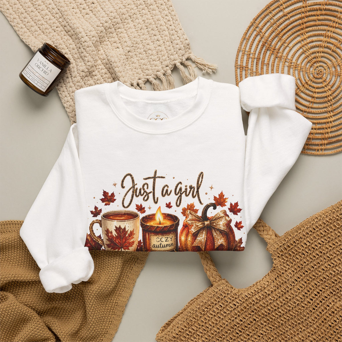 Fall Cozy Sweatshirt — "Just a Girl Who Loves Fall" Autumn Candle & Pumpkin Crewneck