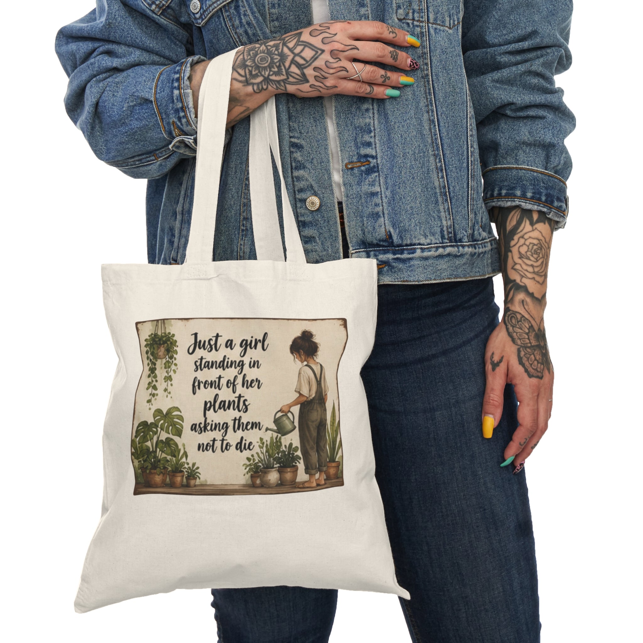 🌿 Plant Lover Tote Bag – Just a Girl Standing in Front of Her Plants Asking Them Not to Die