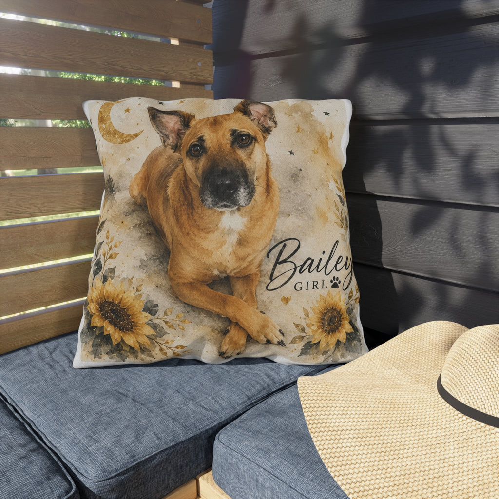 Personalized Dog Photo Outdoor Pillow — 'Bailey Girl' Sunflower Moon Accent