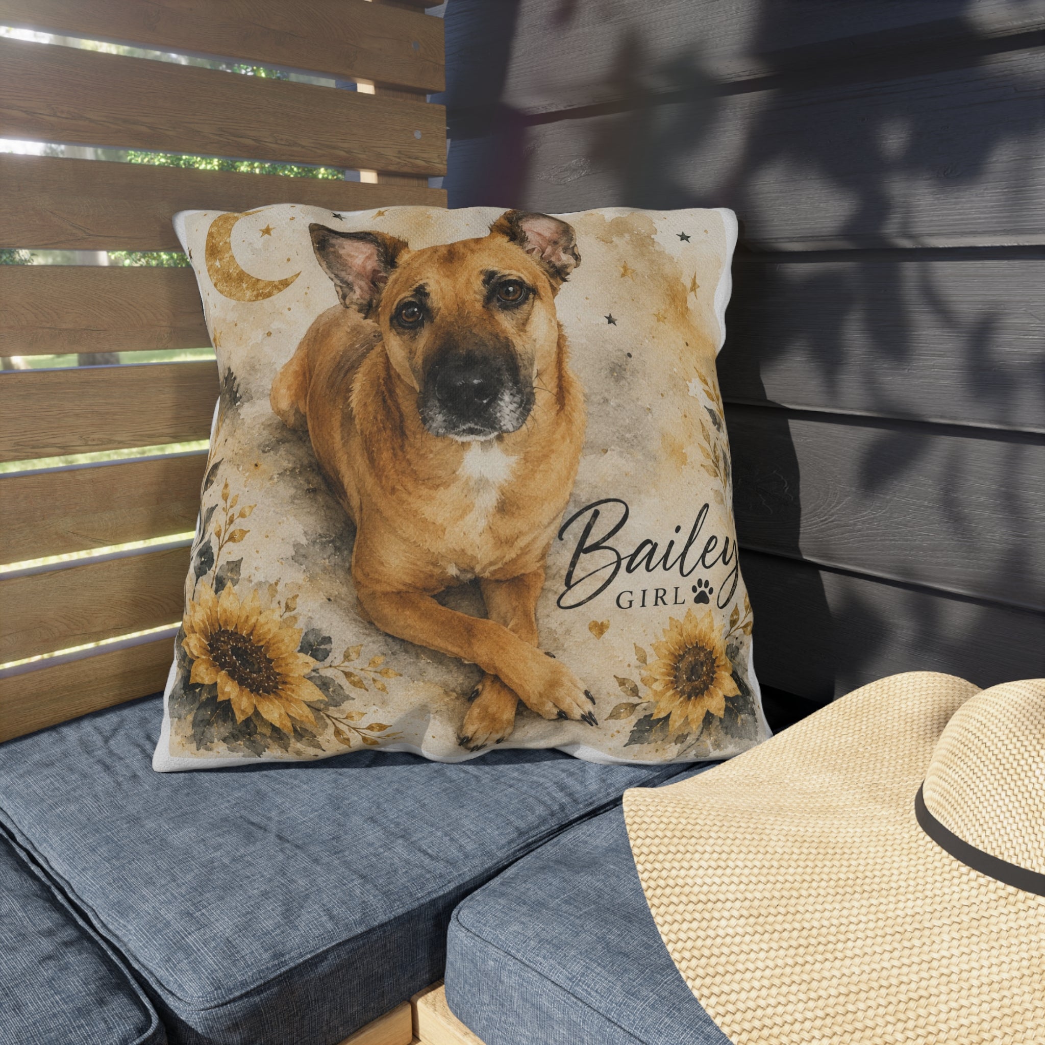Personalized Dog Photo Outdoor Pillow — 'Bailey Girl' Sunflower Moon Accent