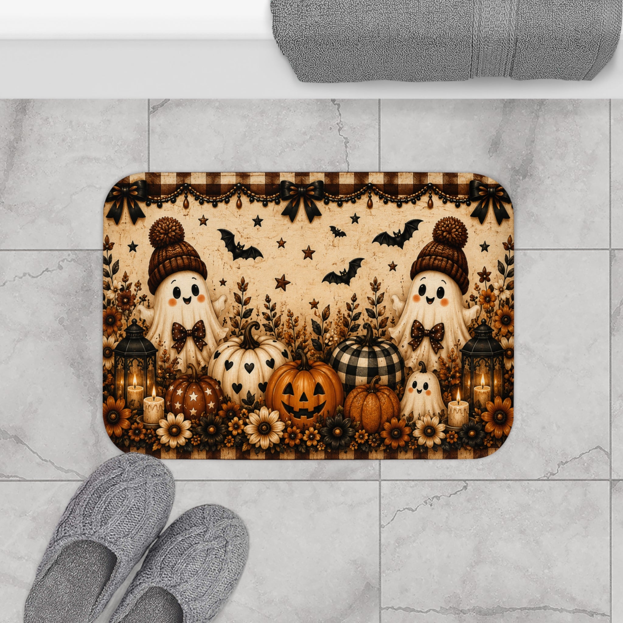 Hey There Boo Bath Mat | Rustic Plaid Halloween Bathroom Decor
