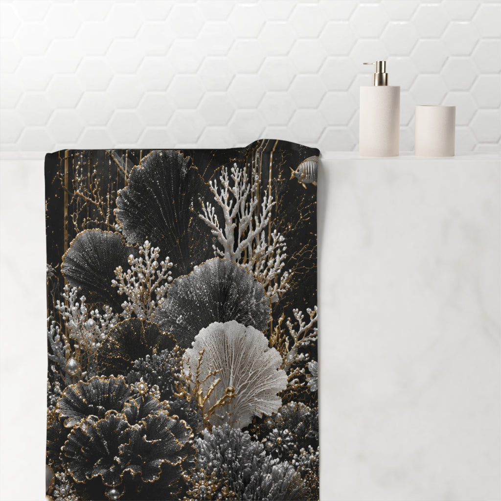 Bath Towel — Luxe Underwater Coral Design in Black & Gold