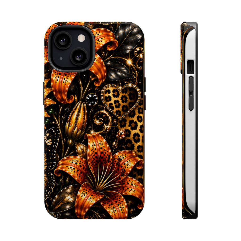 Floral Leopard Phone Case — Orange Lily Magnetic Impact-Resistant