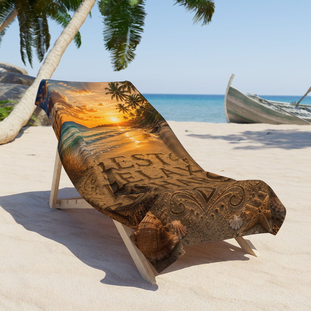 🌅 Rest Relax Recharge Luxury Beach Towel | Coastal Serenity Ocean Sunset Towel | Self Care Beach Decor