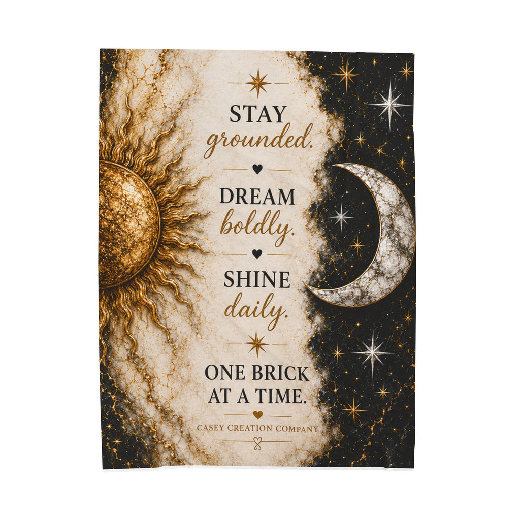 Velveteen Plush Blanket — "Stay Grounded, Dream Boldly, Shine Daily" Celestial Sun & Moon Throw