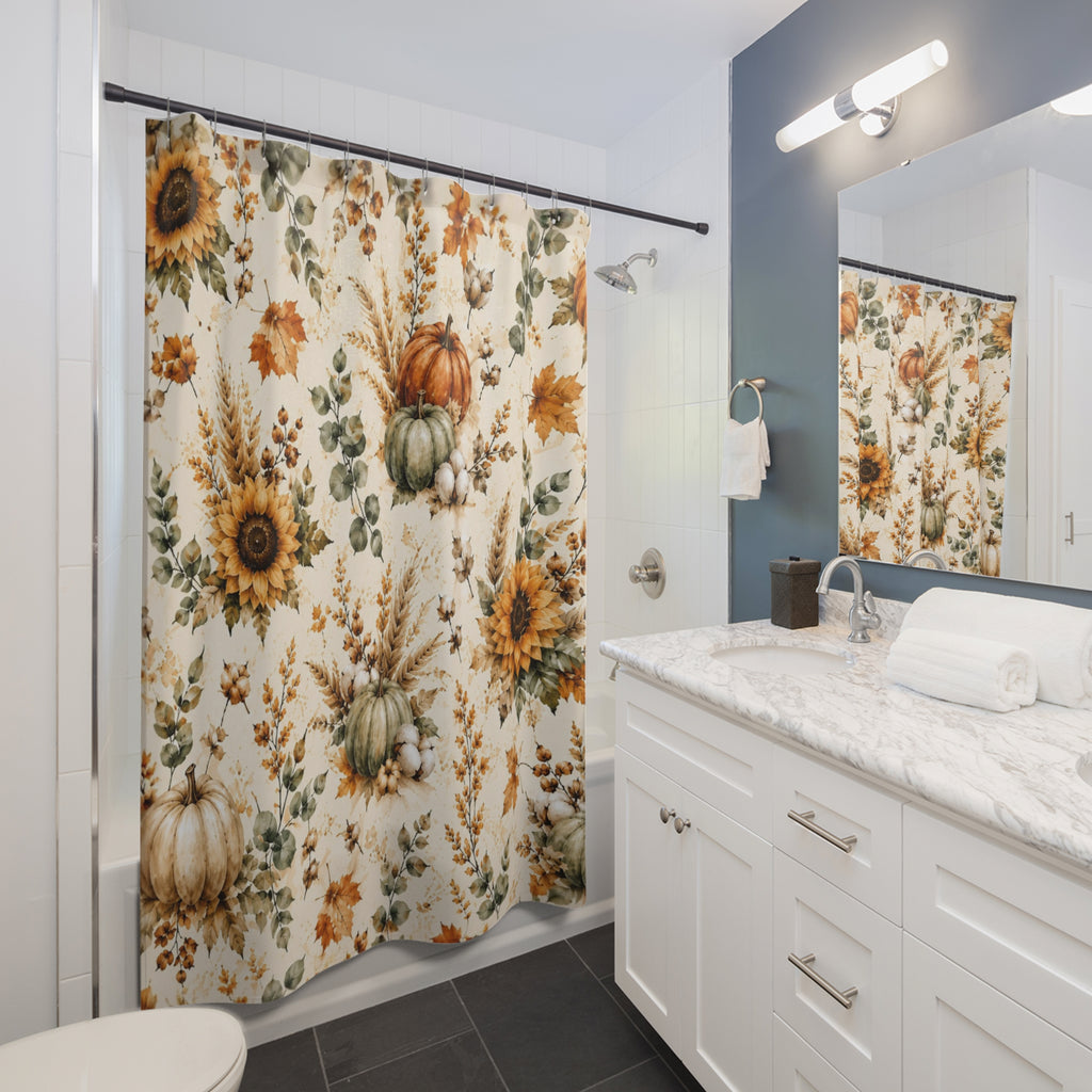 Autumn Harvest Shower Curtain | Watercolor Pumpkin Sunflower Fall Bathroom Decor