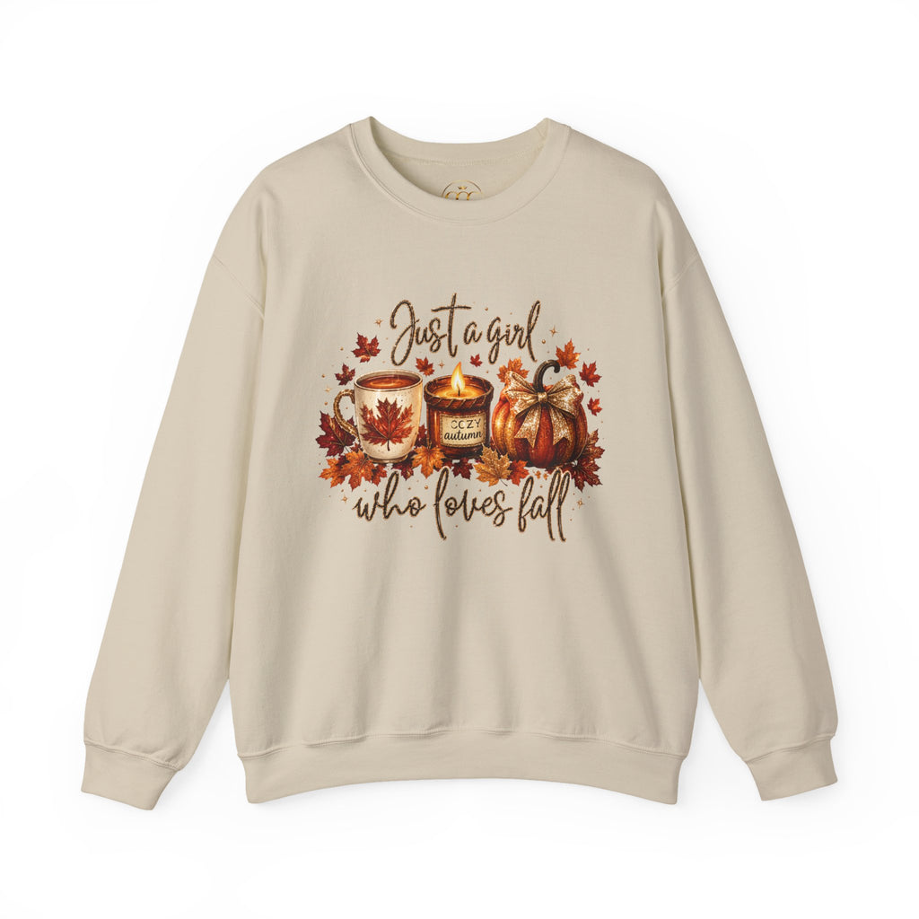 Fall Cozy Sweatshirt — "Just a Girl Who Loves Fall" Autumn Candle & Pumpkin Crewneck