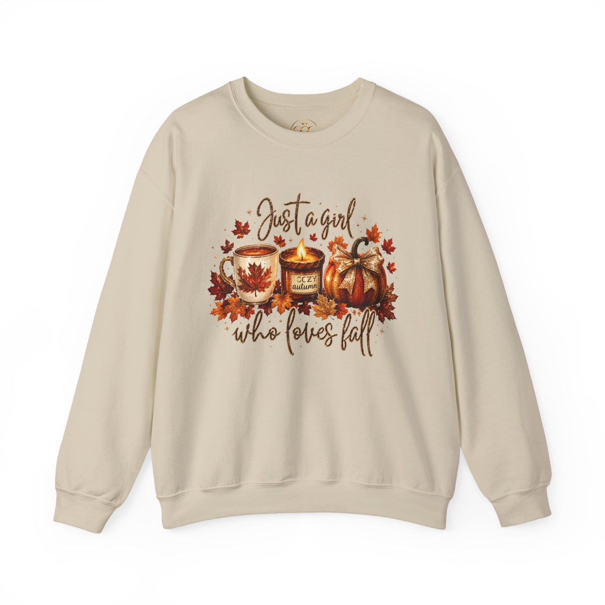 Fall Cozy Sweatshirt — "Just a Girl Who Loves Fall" Autumn Candle & Pumpkin Crewneck