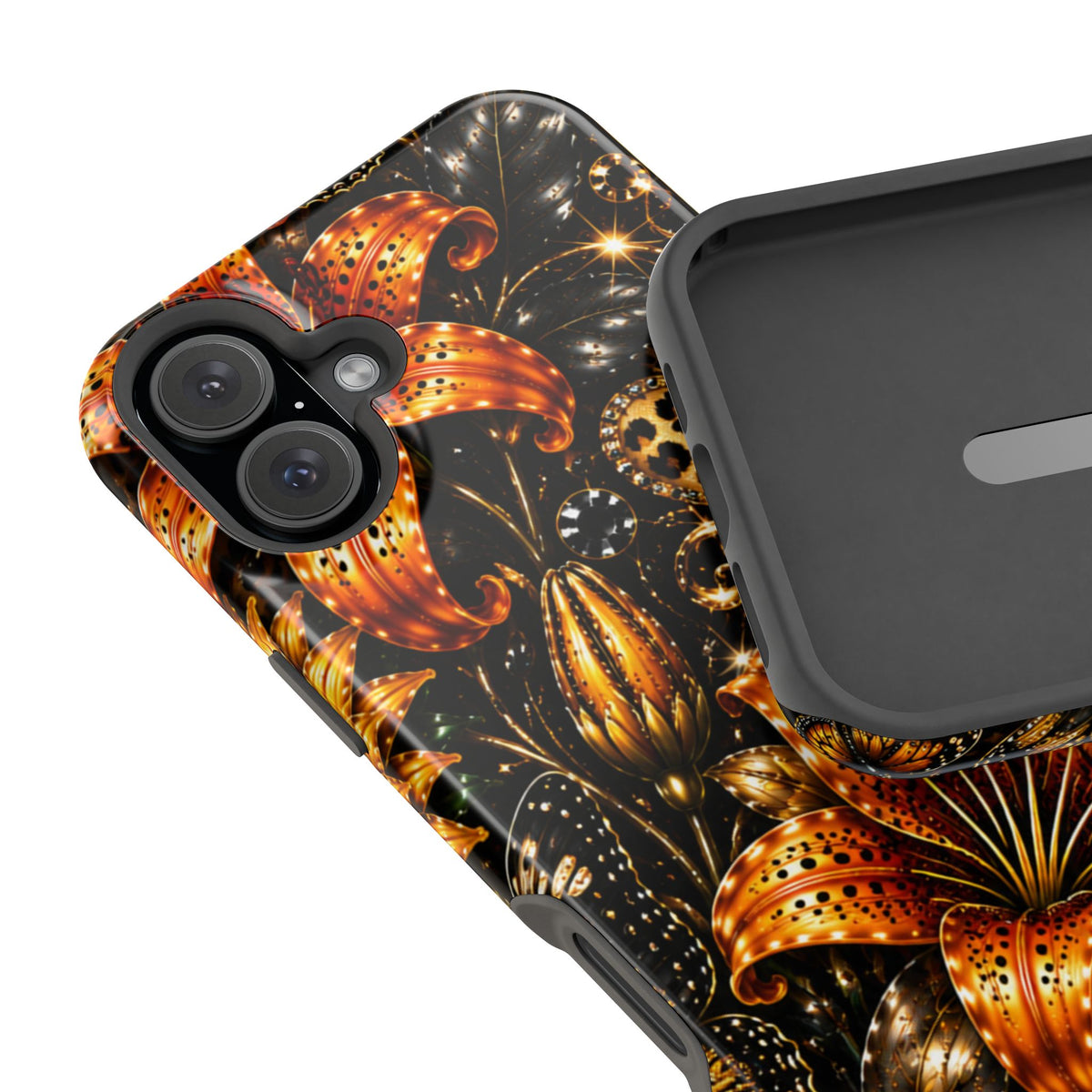 Floral Leopard Phone Case — Orange Lily Magnetic Impact-Resistant