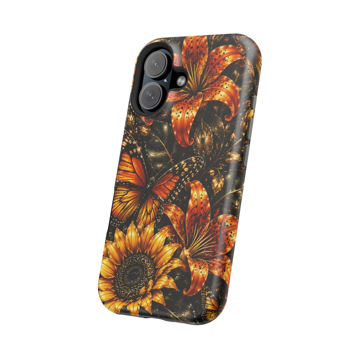 Floral Monarch Phone Case — Orange Sunflower & Butterfly Magnetic Impact-Resistant Case