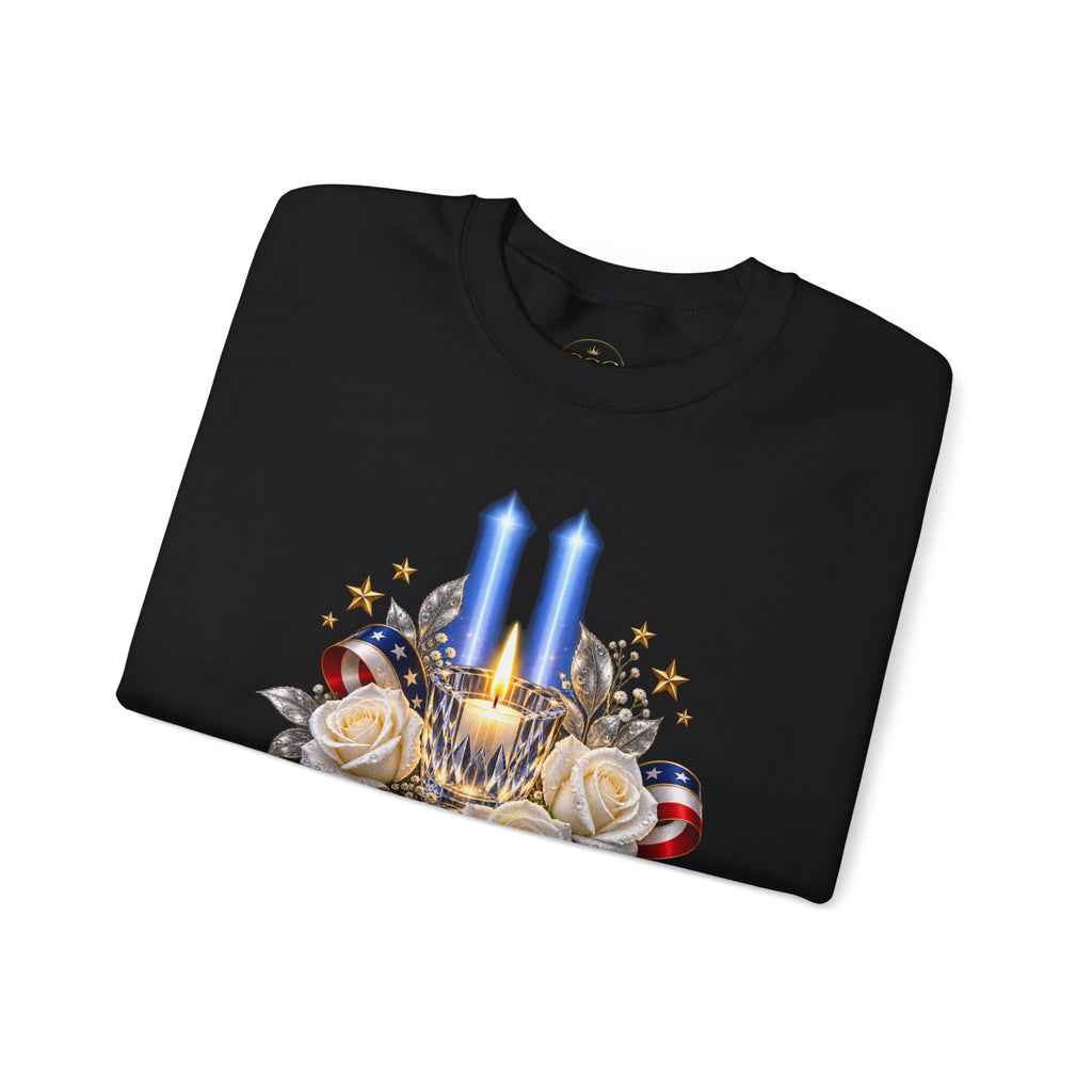 Womens — "America Remembers" 9/11 Tribute Design with Twin Beams & White Roses