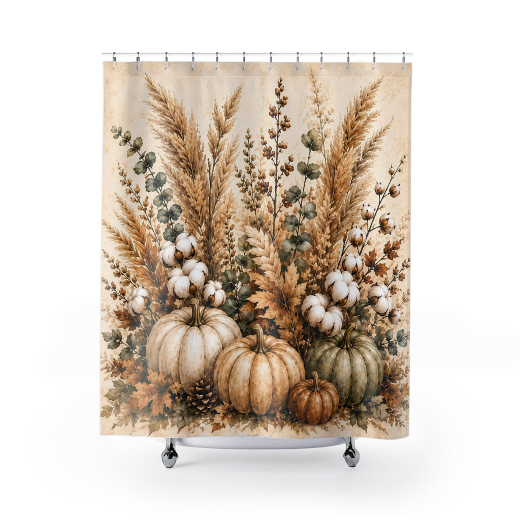 Autumn Harvest Shower Curtain | Pampas Grass & Pumpkin Botanical Print