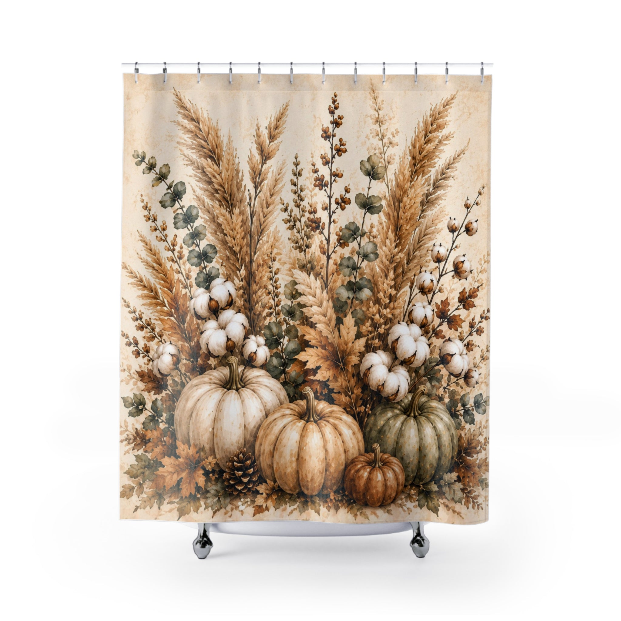Autumn Harvest Shower Curtain | Pampas Grass & Pumpkin Botanical Print