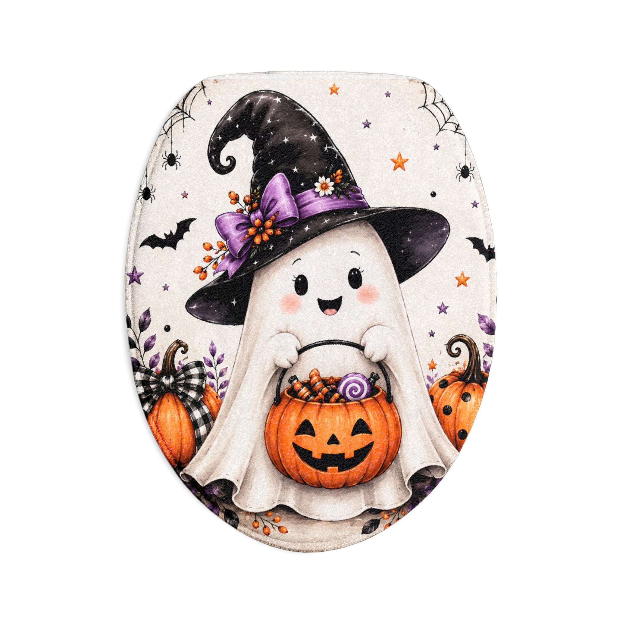 Happy Halloween Ghost 3-Piece Bathroom Set | Bath Mat, Contour Mat & Toilet Lid Cover