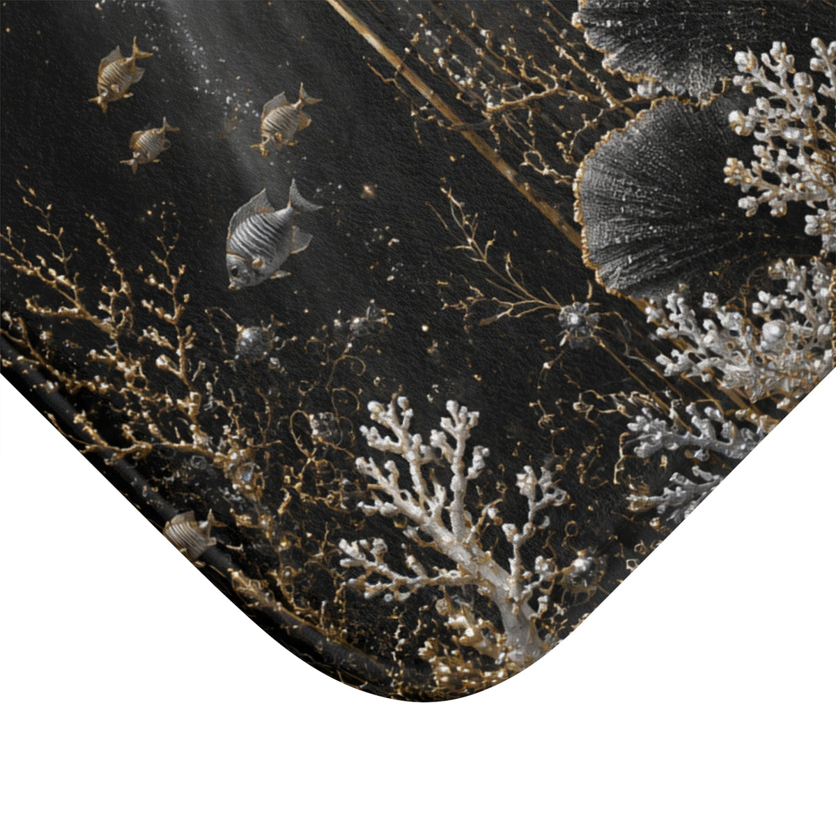 Underwater Art Deco Bath Mat — Gold & Black Coral Reef Design